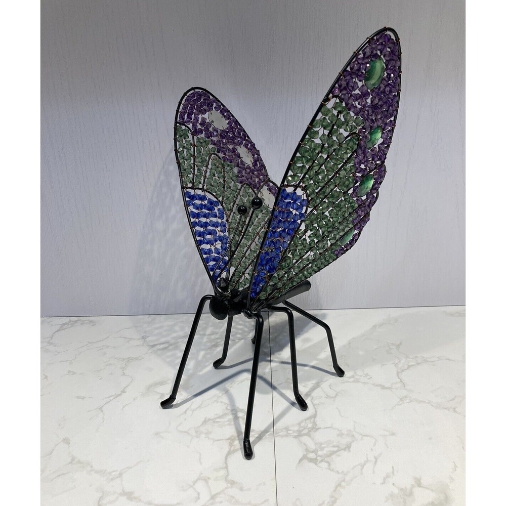 Beaded Metal Butterfly Sculpture Figurine Purple Green Blue Glass Bead Art 10"